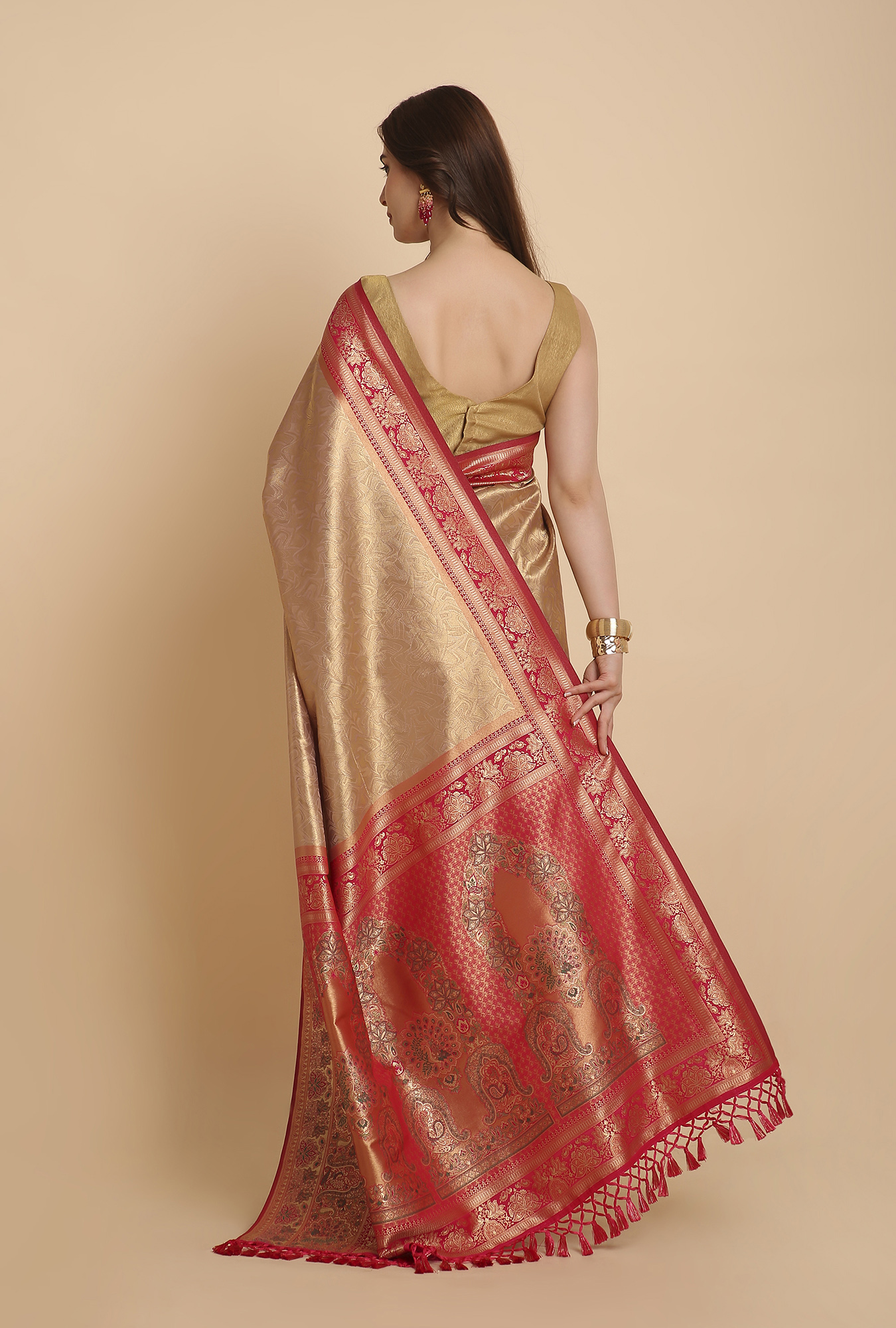 Bronze with meenakari border Banarasi brocade saree