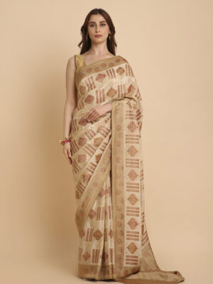 Cream with golden border fancy Rankat crape saree