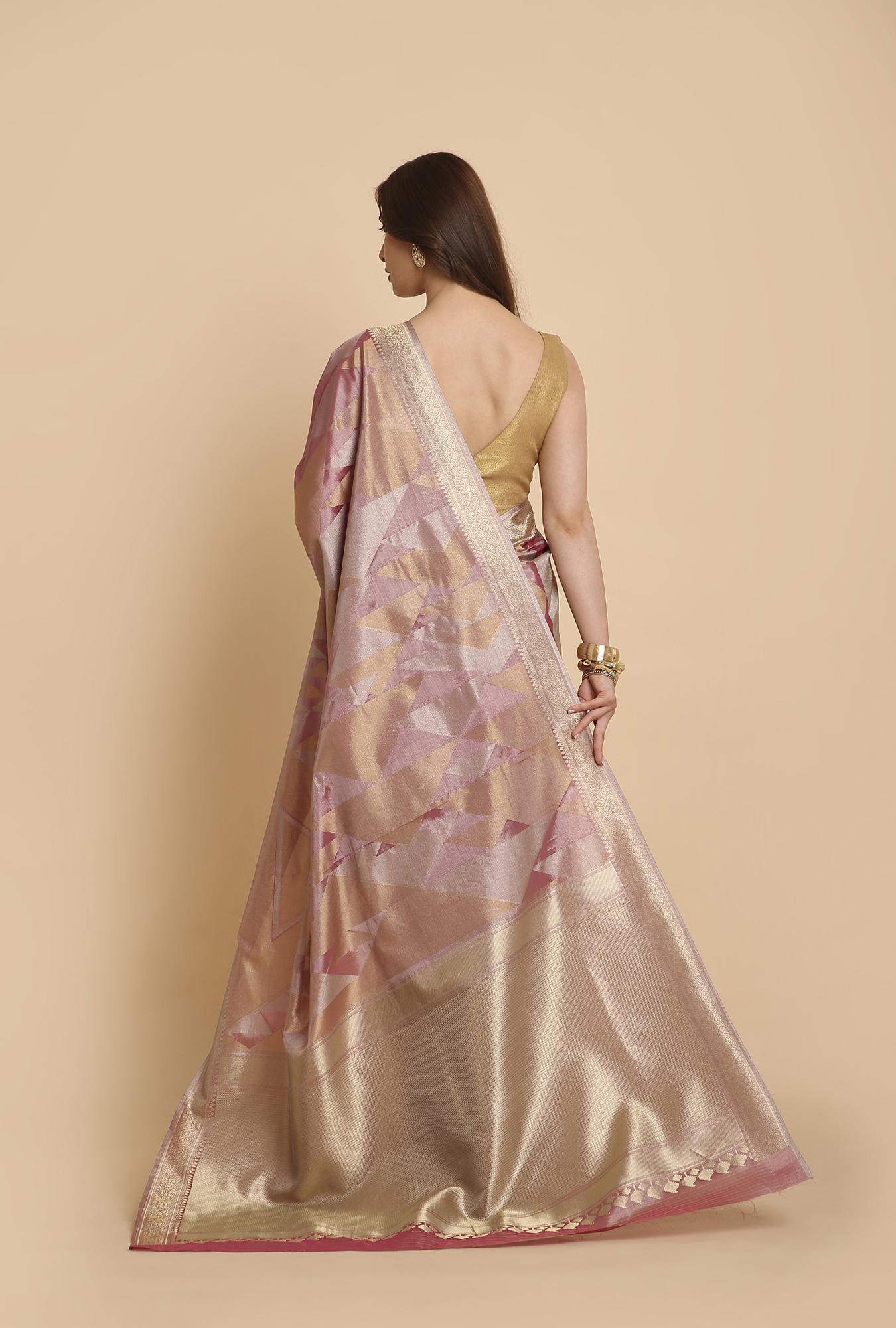 Pinkish golden Kanjivaram tissue saree