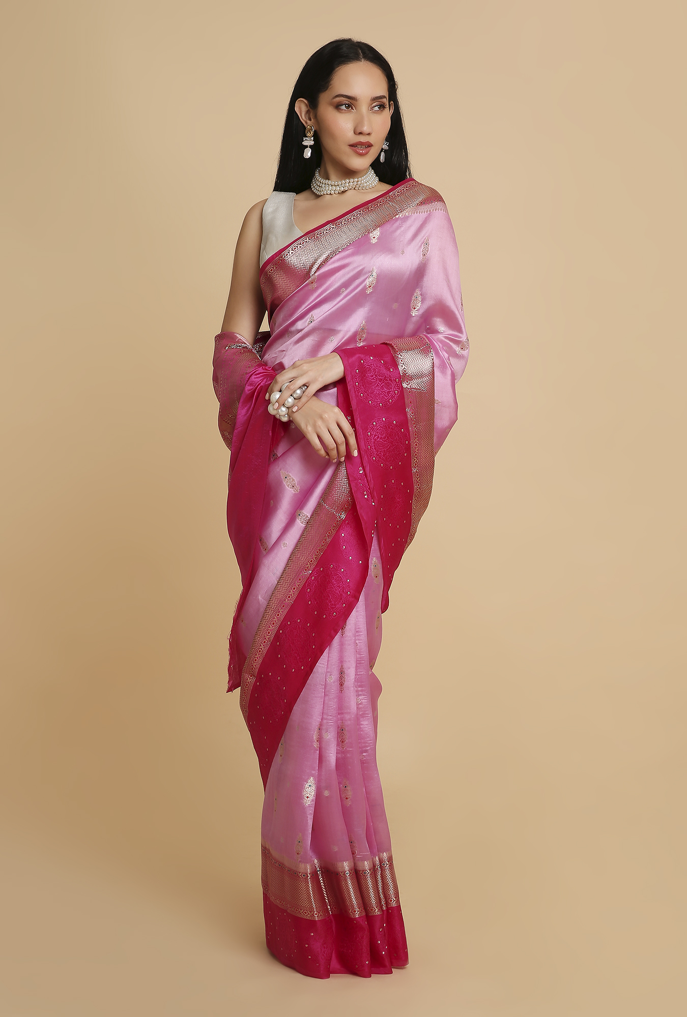 Baby Pink With Dark Pink Border Chiniya Silk Saree