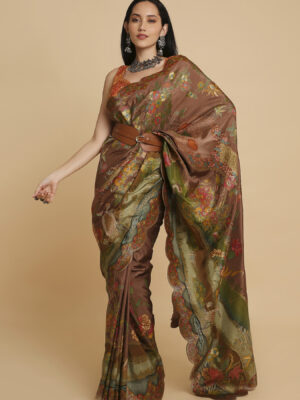 Dark Brown Position Print Moonga Silk Saree
