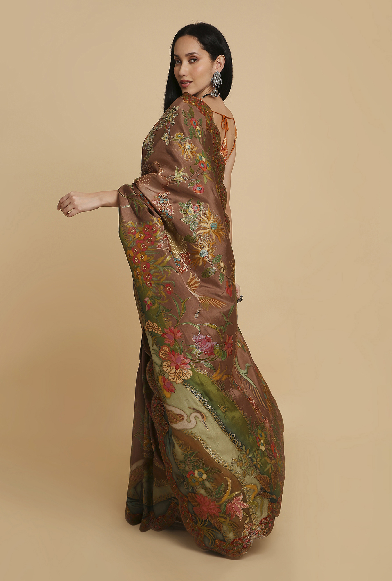 Dark Brown Position Print Moonga Silk Saree