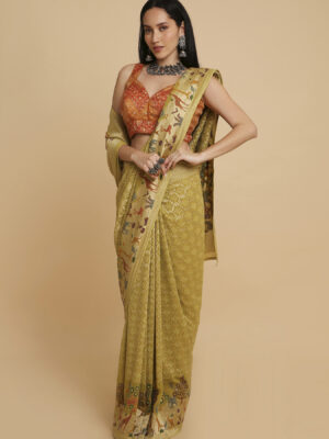 Olive Green Georgette Bandhani Saree