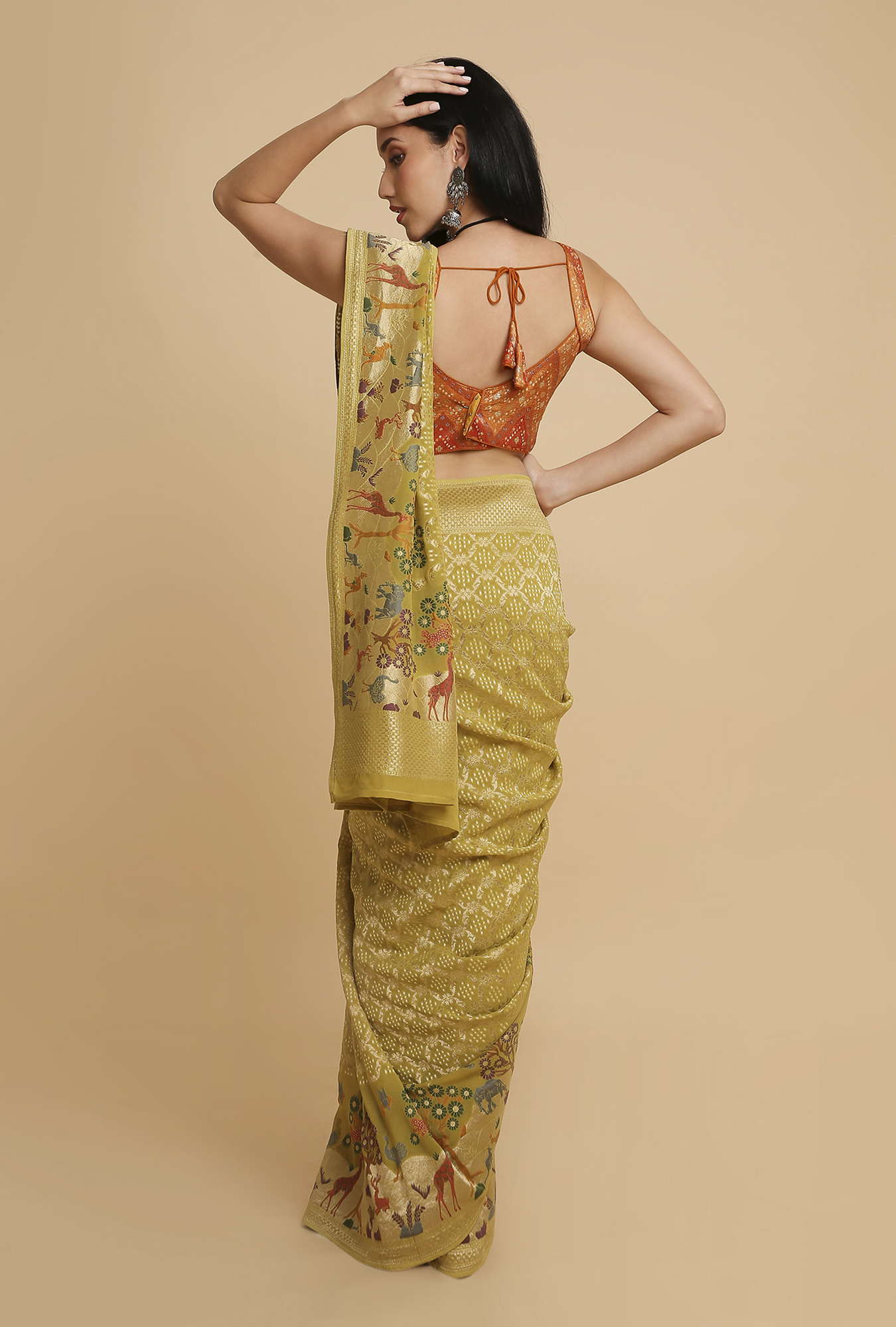 Olive Green Georgette Bandhani Saree