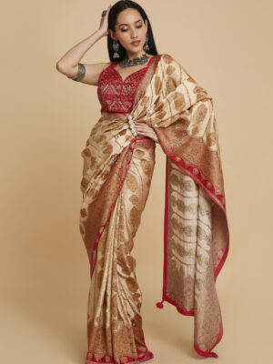 Cream Position Print Satin Silk Saree