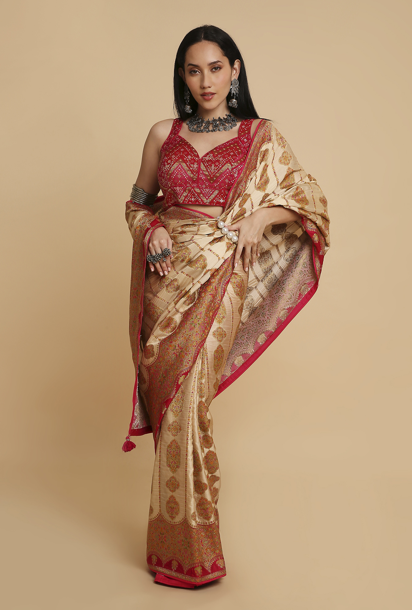 Cream Position Print Satin Silk Saree