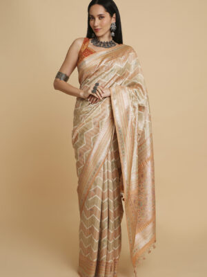 Light Orange And Green Woven Position Print Saree