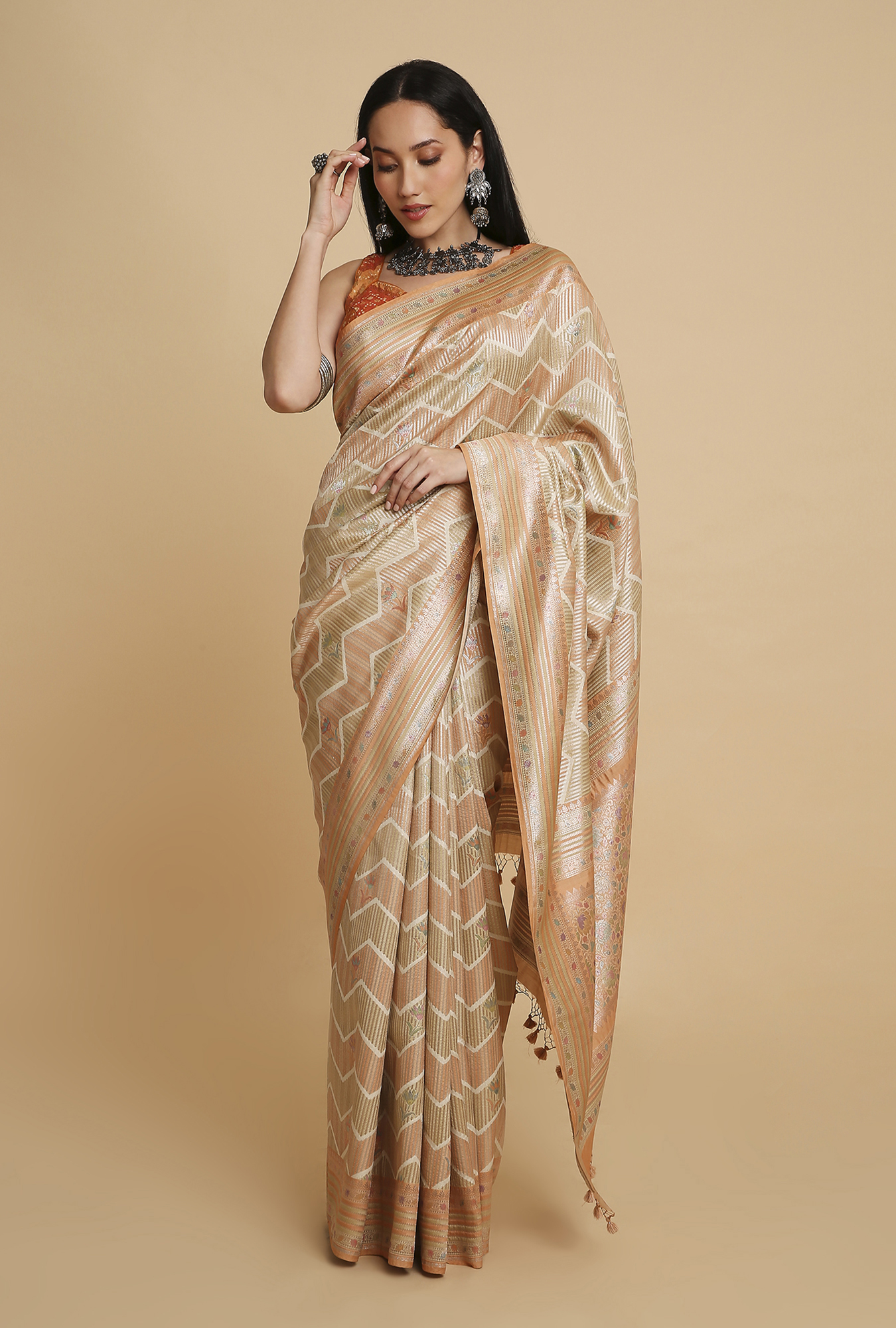 Light Orange And Green Woven Position Print Saree